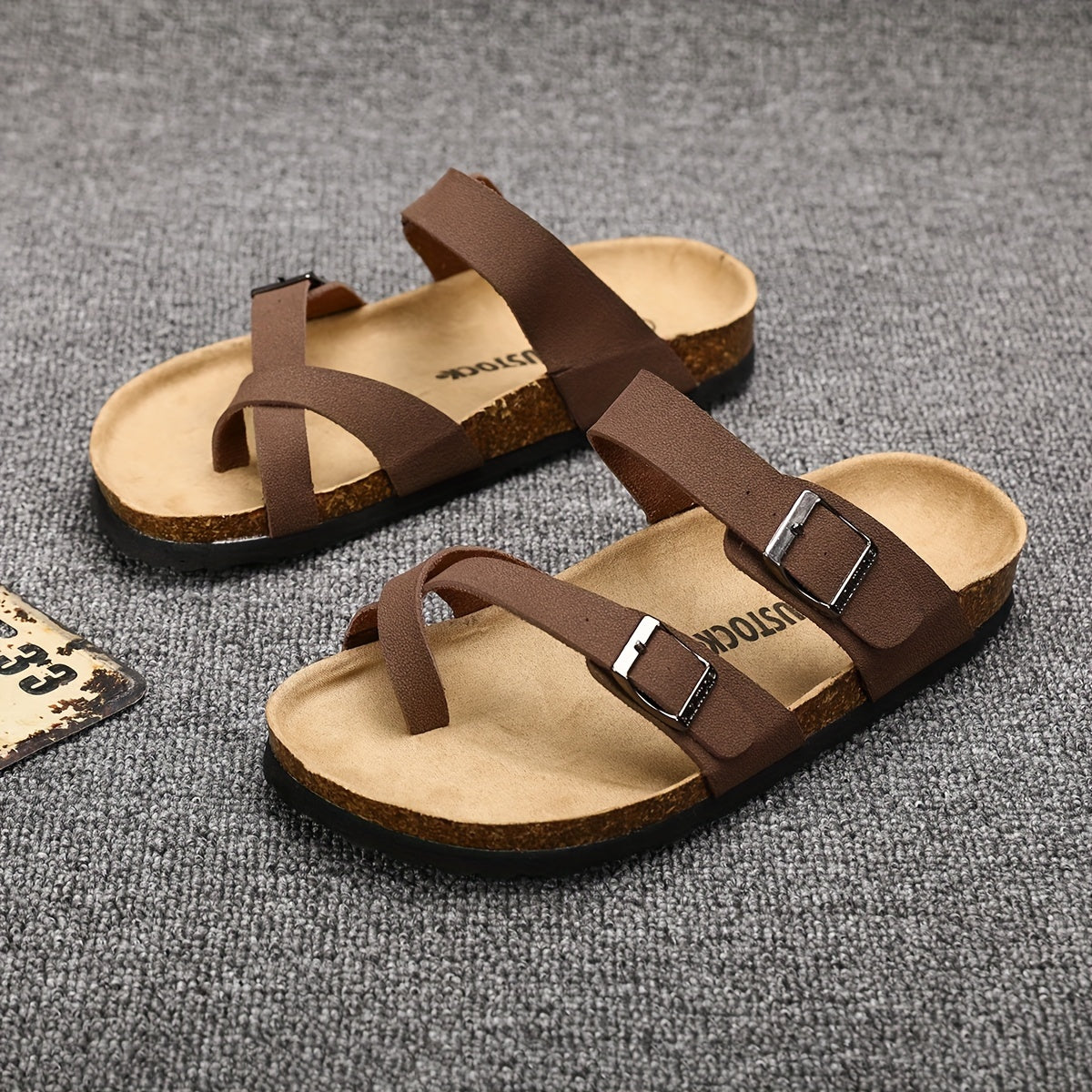 Men's Sandals, Arch Support Slide With Adjustable Buckle Strap And Cork Insole